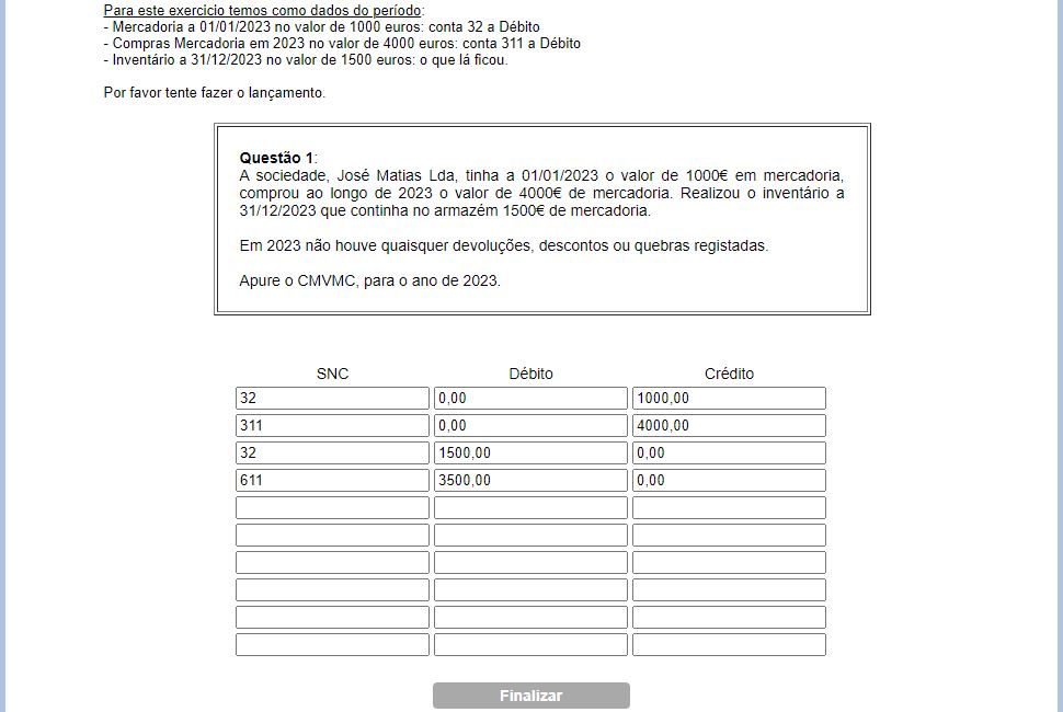 lanamento de apuramento de custos das materiais vendidos e matrias consumidas